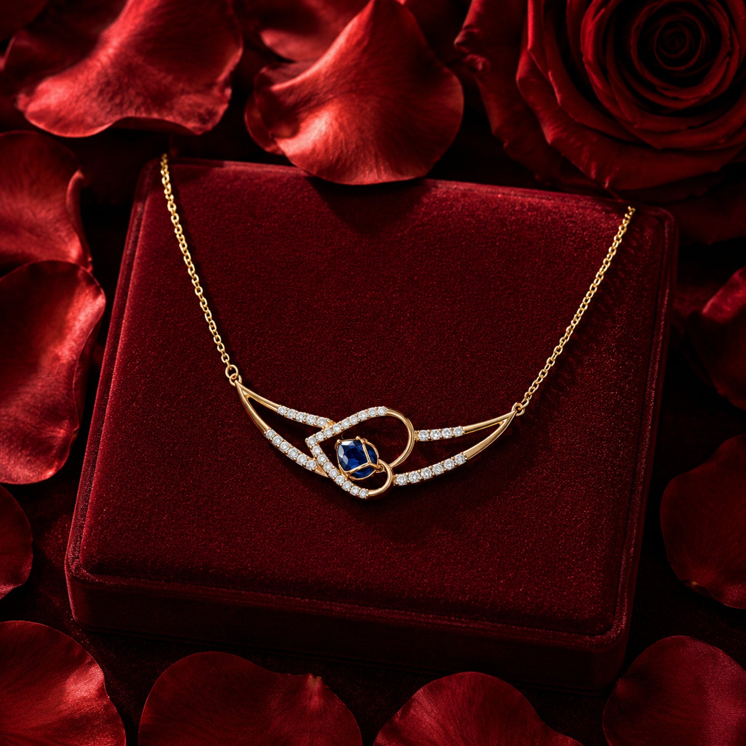 Blue gemstone and diamond necklace in yellow gold on burgundy velvet, romantic luxury jewellery photography.
