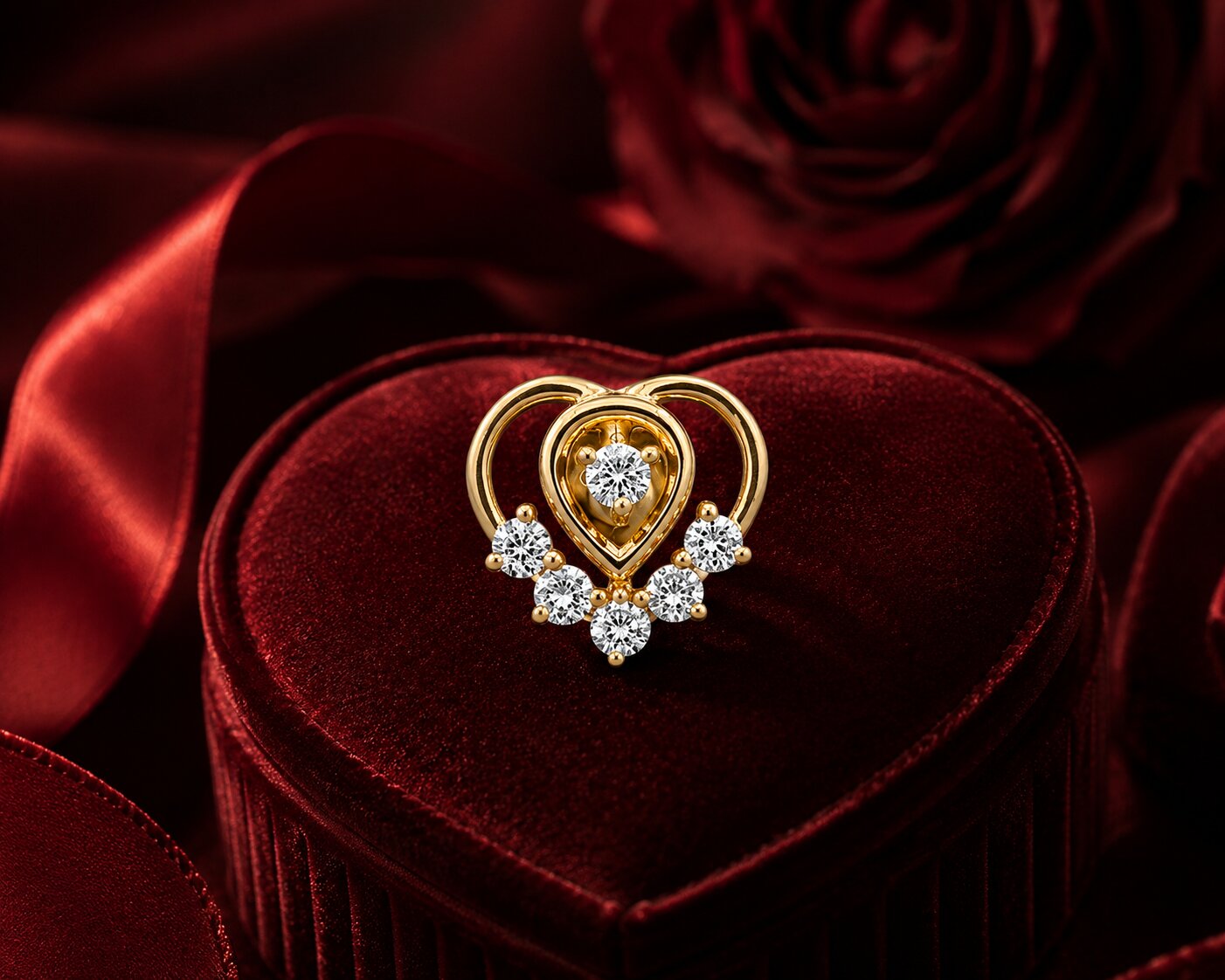 Gold heart diamond pendant with floral cluster design on red velvet jewellery bo