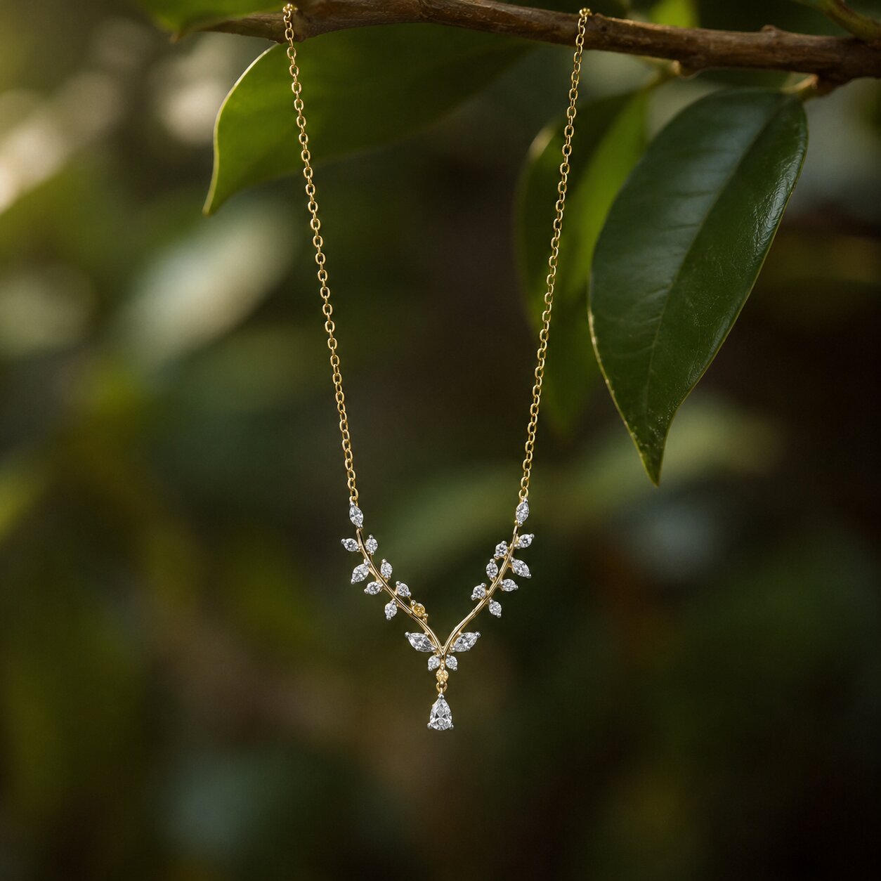 Botanical-inspired diamond pendant necklace in gold hanging from tree branch
