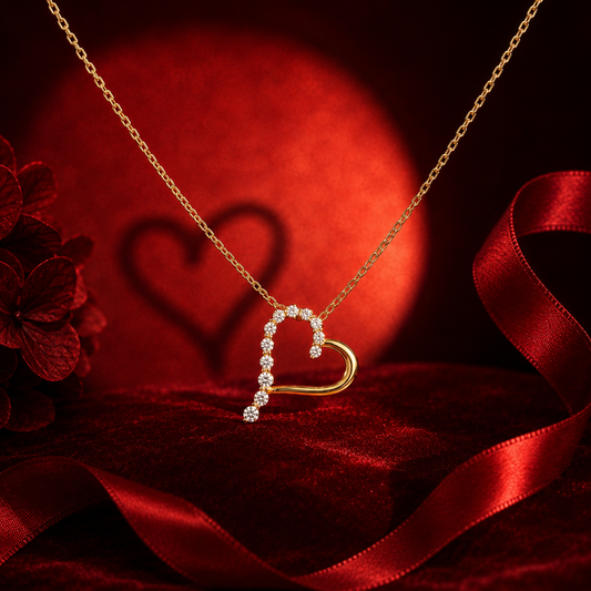 Luxury diamond cuff bracelet with heart motifs on ruby red editorial set