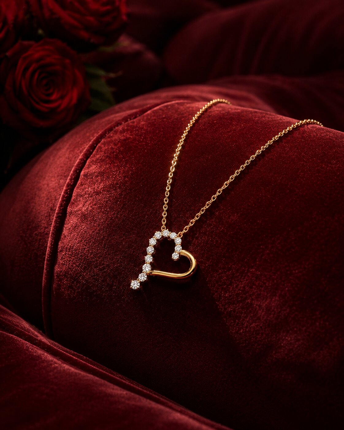 Luxury diamond cuff bracelet with heart motifs on ruby red editorial set