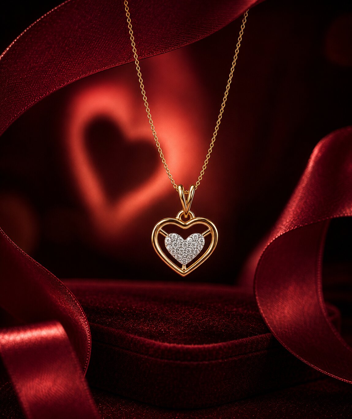 Gold heart diamond pendant necklace with floating chain on luxury red backdrop.