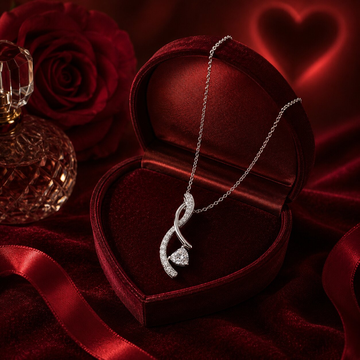 White gold lab-grown diamond pendant necklace on deep red velvet fabric, cinematic luxury jewellery photography by Firefly Diamonds.