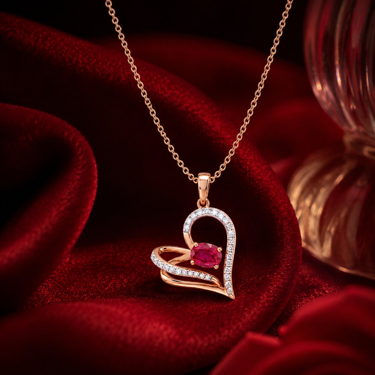 Rose gold ruby heart pendant necklace with lab-grown diamonds on crimson velvet, luxury romantic jewellery flatlay by Firefly Diamonds.