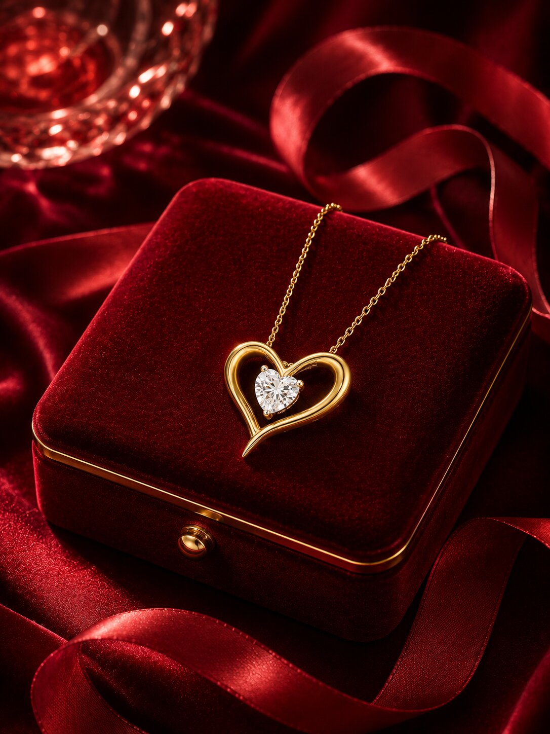 Heart-shaped lab-grown diamond pendant necklace in yellow gold on crimson velvet box, luxury romantic jewellery photography by Firefly Diamonds.