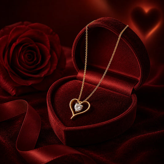 Heart-shaped lab-grown diamond pendant necklace in yellow gold on crimson velvet box, luxury romantic jewellery photography by Firefly Diamonds.