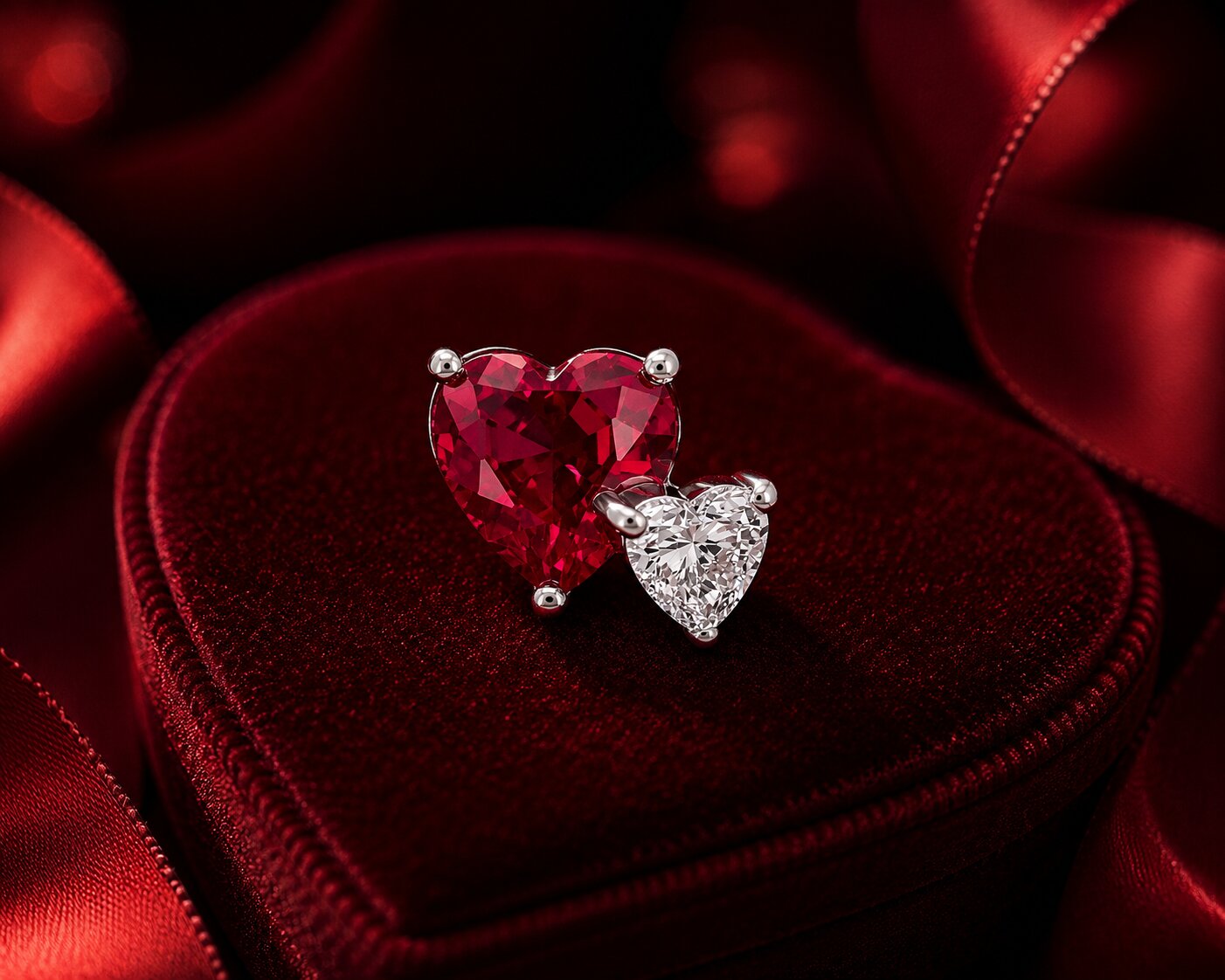 Heart-shaped ruby and diamond open ring in white gold on romantic burgundy velvet jewellery display