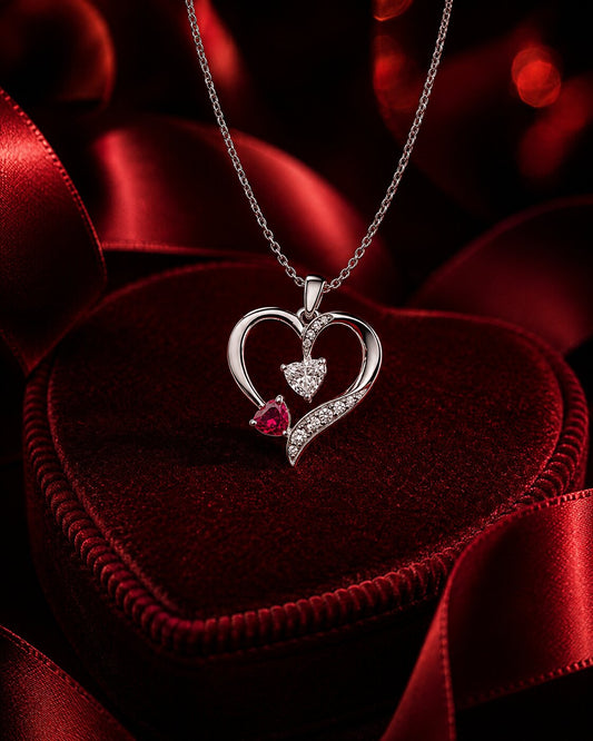 White gold open heart pendant necklace with ruby heart gemstone and diamond accents on luxury red velvet background.
