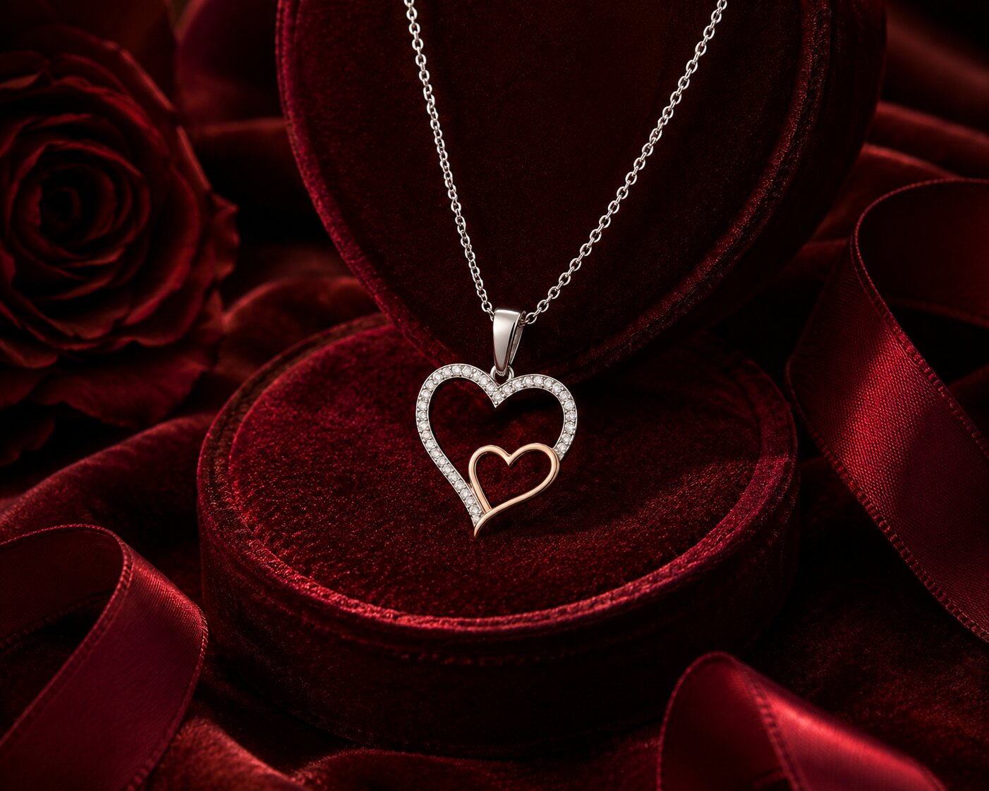 Double heart diamond pendant necklace in white and rose gold on velvet jewellery box.