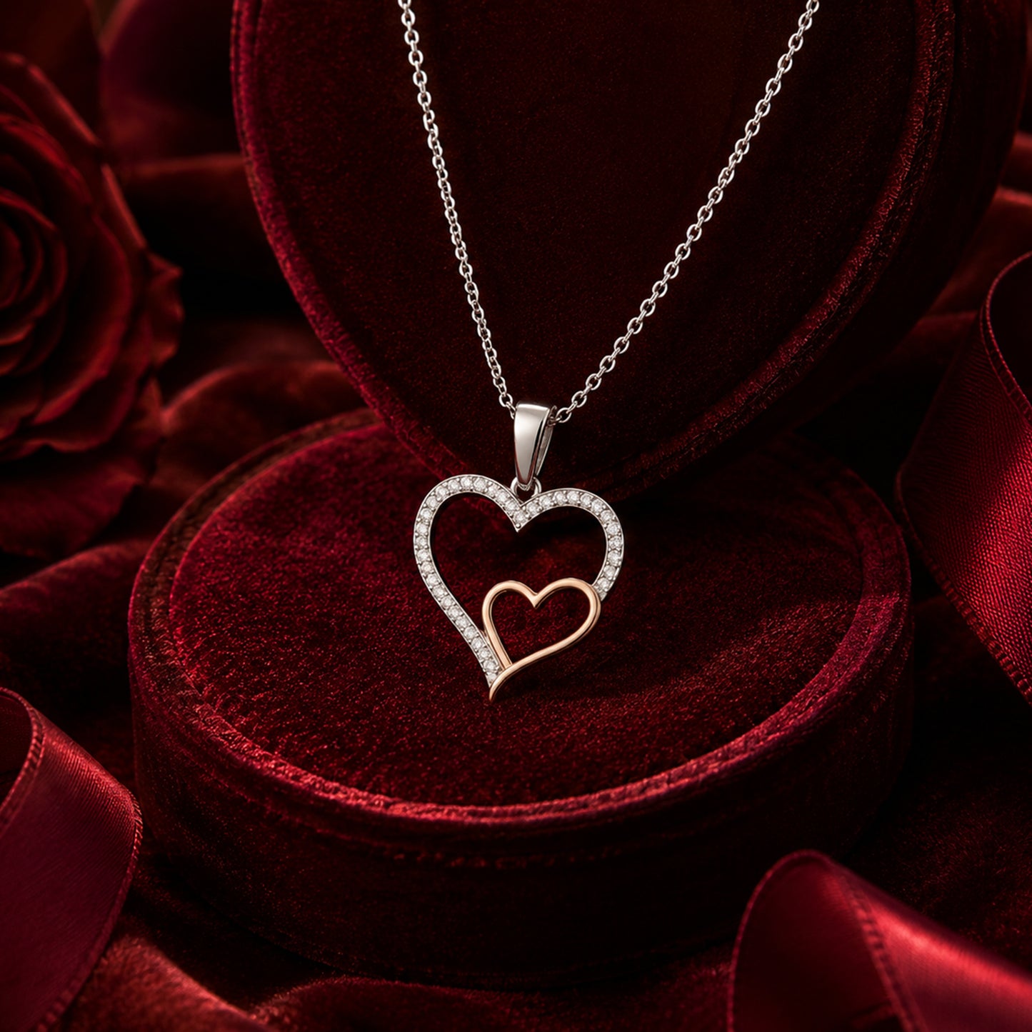 Double heart diamond pendant necklace in white and rose gold on velvet jewellery box.