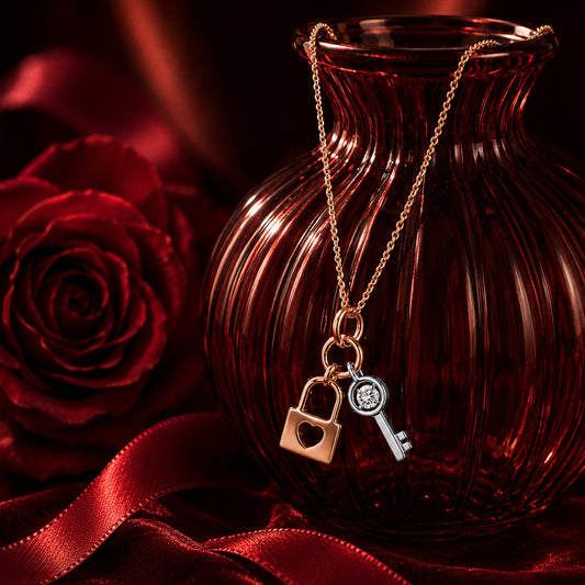 Lock and key charm pendant necklace in mixed gold tones with romantic luxury styling