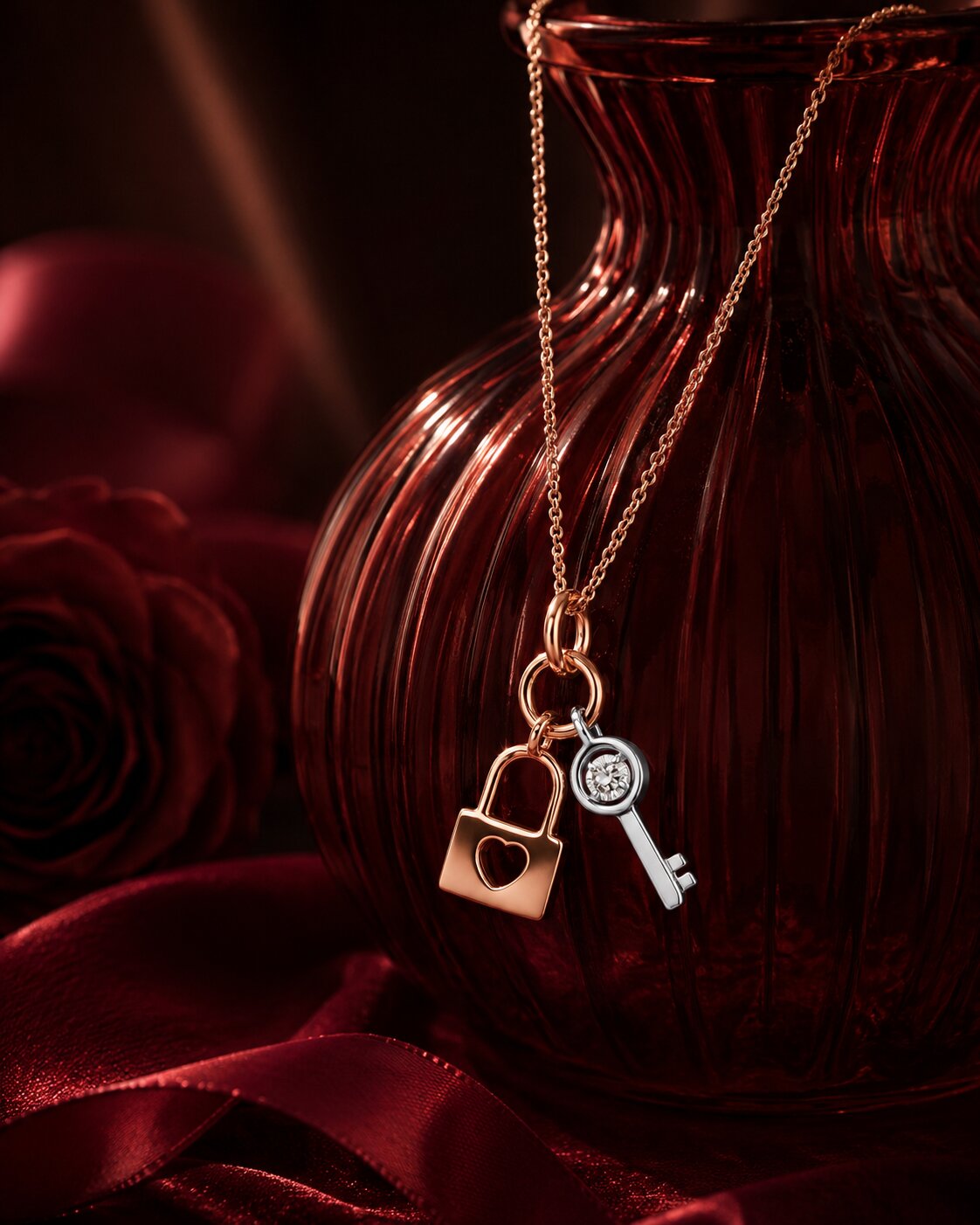 Lock and key charm pendant necklace in mixed gold tones with romantic luxury styling