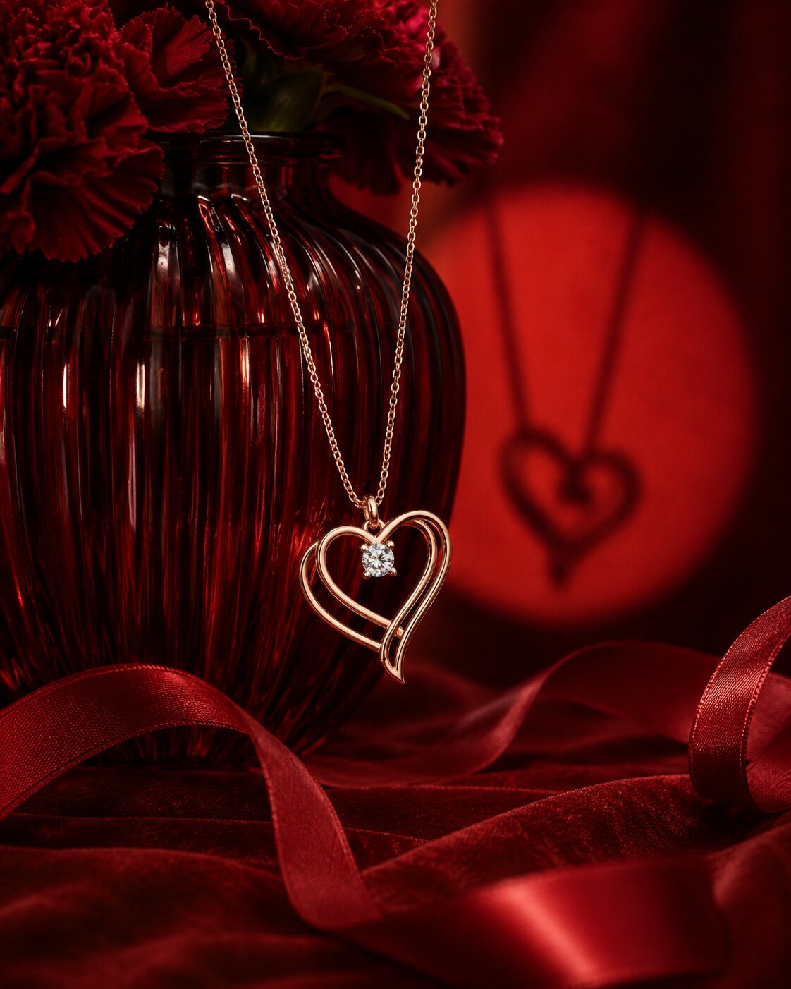 Minimal heart pendant necklace in rose gold with luxury red vase styling