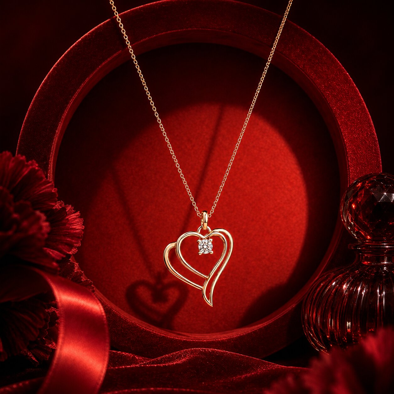 Minimal heart pendant necklace in rose gold with luxury red vase styling