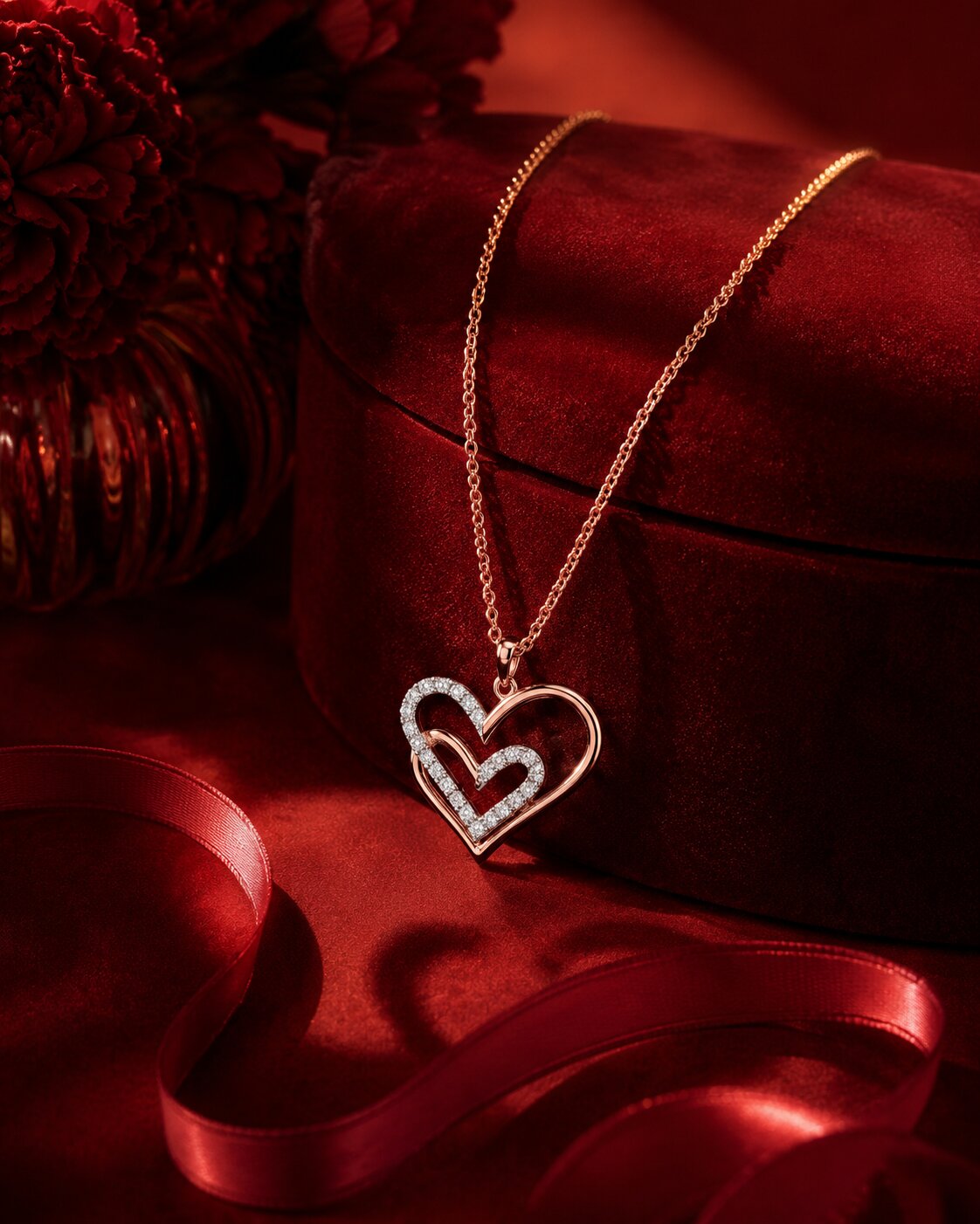 Diamond heart pendant necklace with romantic crimson luxury editorial setup