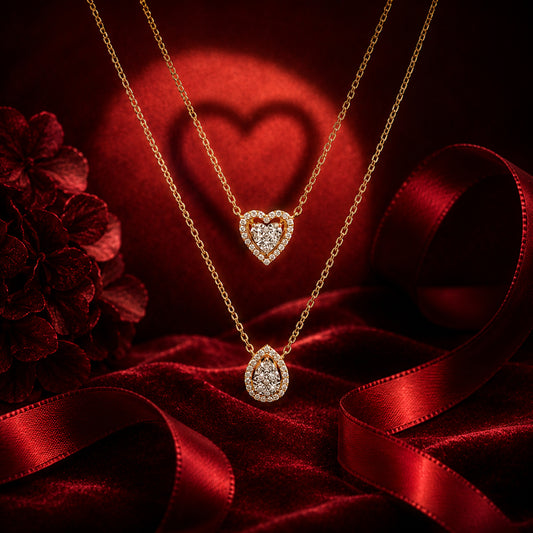Double heart diamond pendant necklace on velvet cushion with silk ribbons