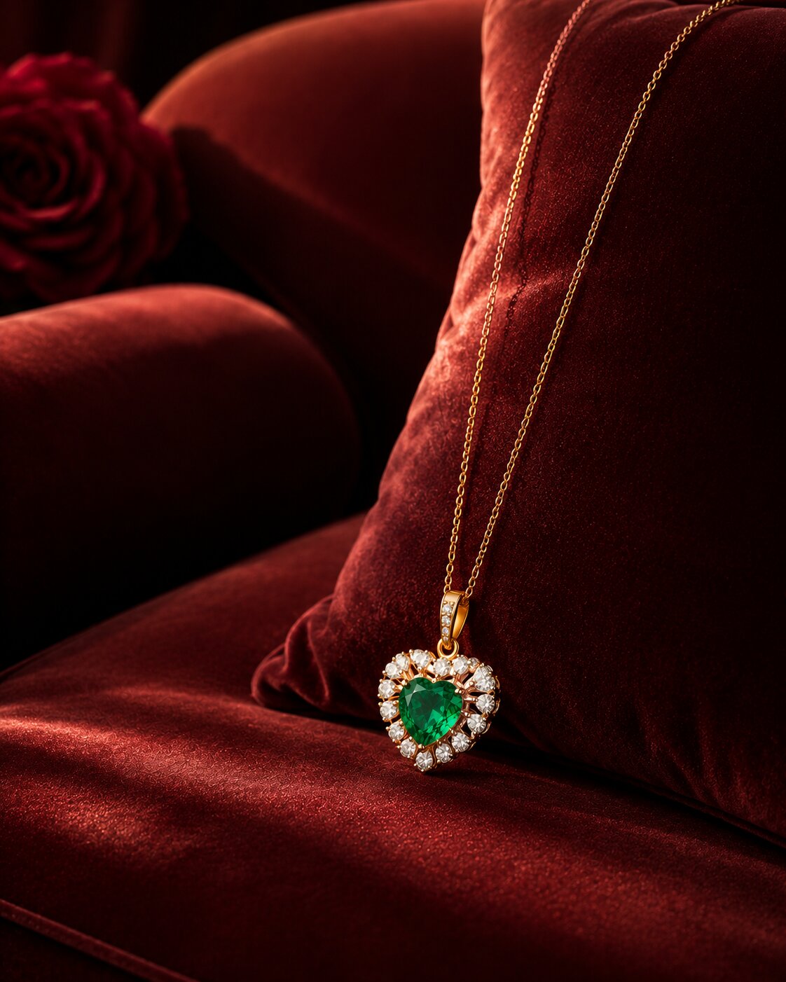 Emerald heart pendant necklace in gold with diamond halo on luxury velvet cushion.