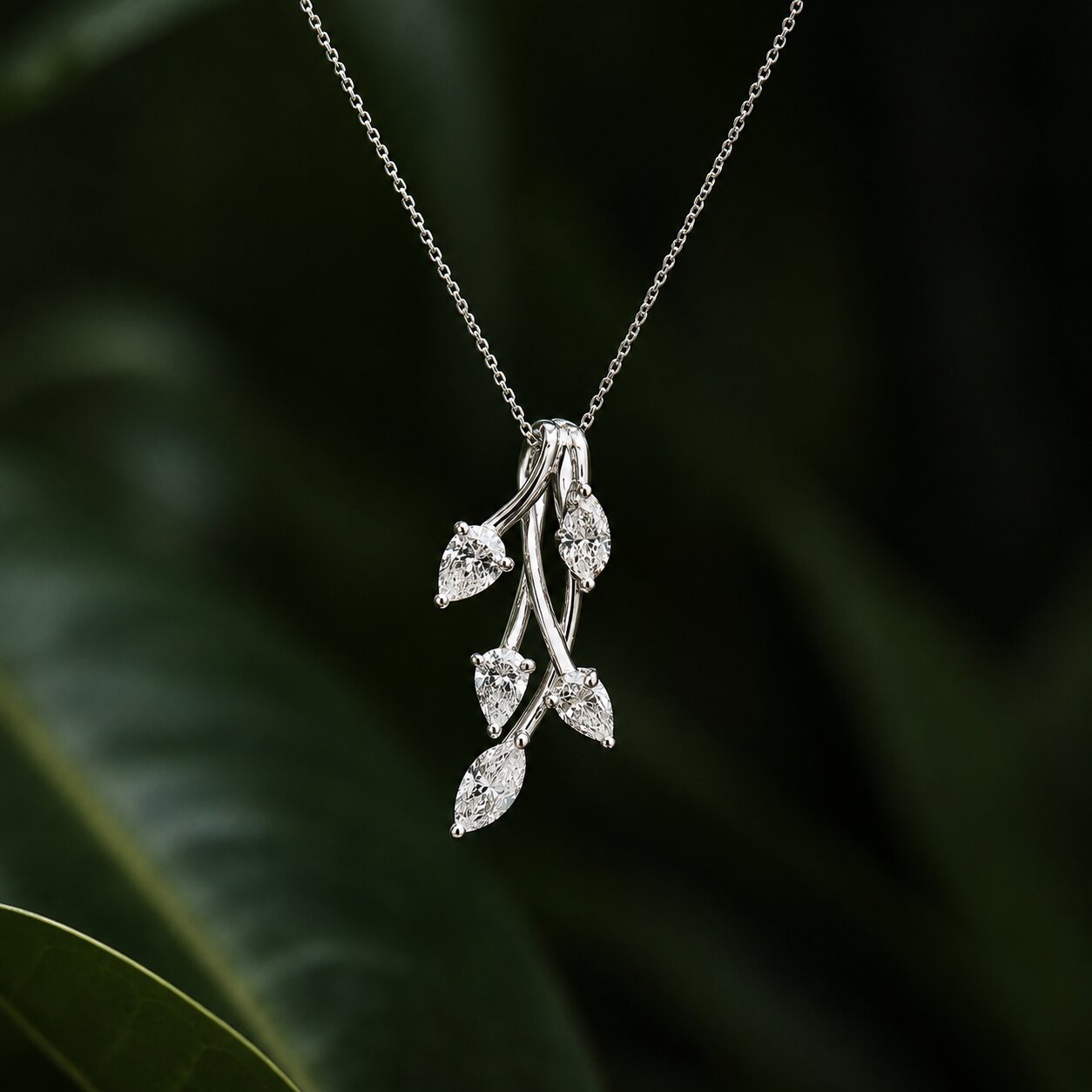 Leaf Design Diamond Pendant Necklace in White Gold