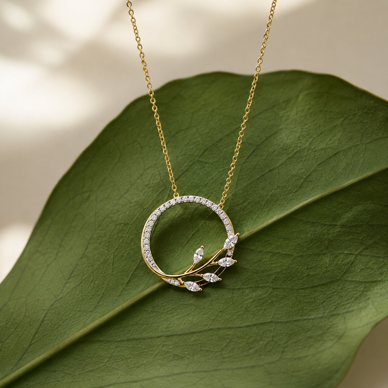 Circular Leaf Design Diamond Pendant Necklace in Gold