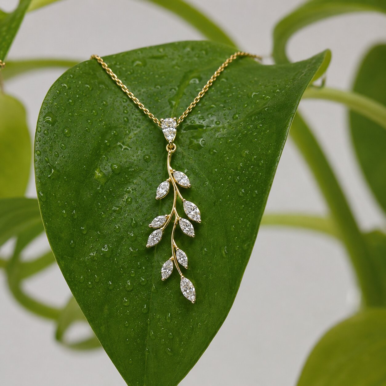 Nature-inspired diamond pendant necklace with marquise lab-grown diamonds on wet green leaf