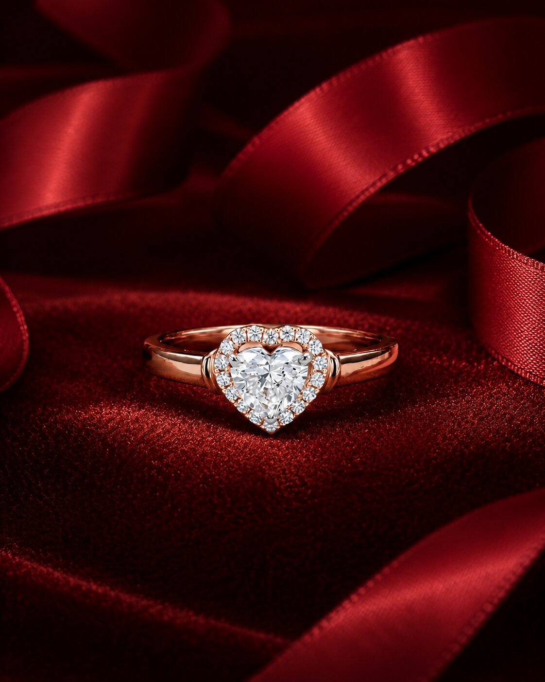 Rose gold heart halo diamond ring with luxury ribbon editorial background