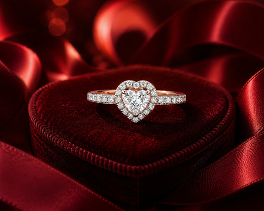 Heart halo diamond engagement ring in yellow gold on luxury red velvet jewellery box.