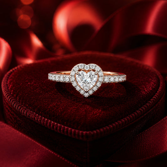 Heart halo diamond engagement ring in yellow gold on luxury red velvet jewellery box.
