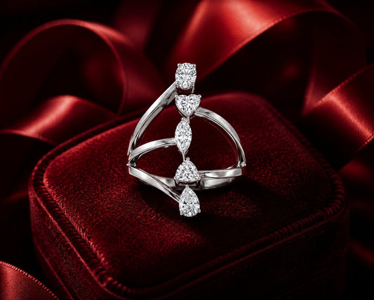 Contemporary white gold diamond statement ring with heart and pear-shaped diamonds on velvet jewellery box.