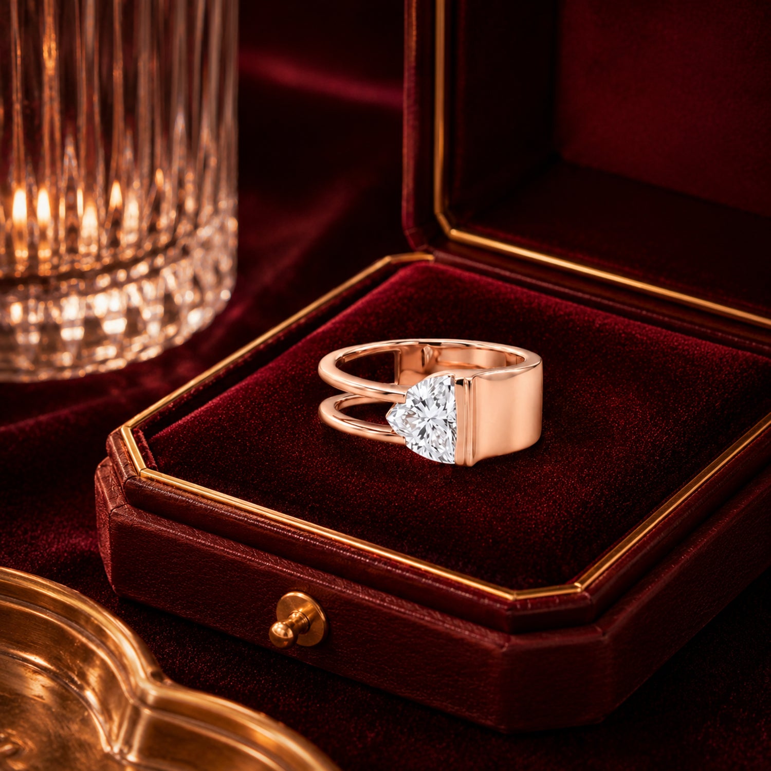 Heart eternity diamond band ring on burgundy velvet by Firefly Diamonds.