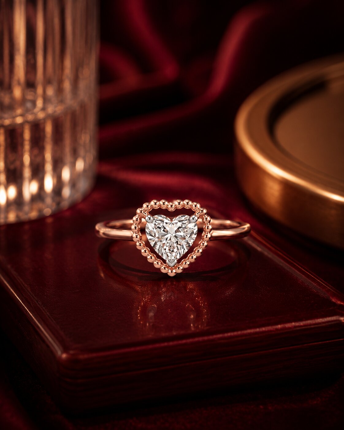 Heart solitaire diamond ring in rose gold on deep red velvet background.