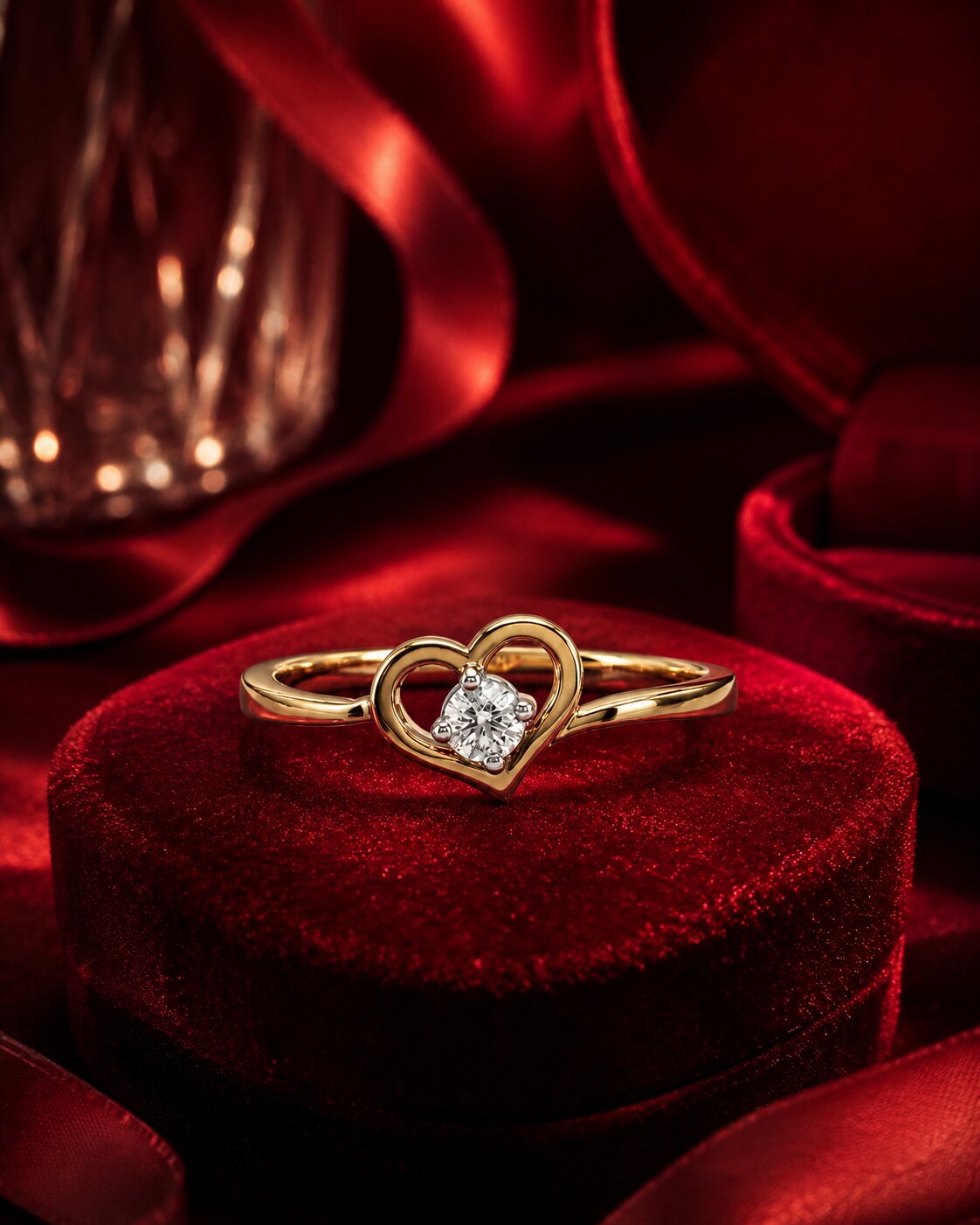 Open heart solitaire diamond ring in yellow gold luxury jewellery shot.