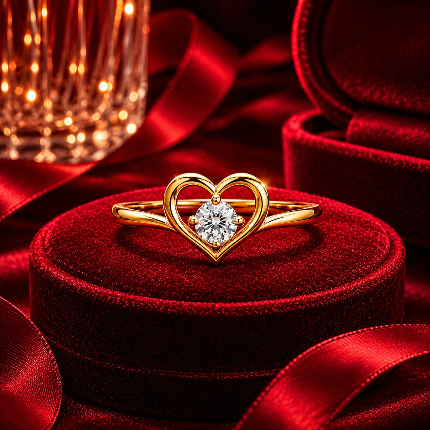 Open heart solitaire diamond ring in yellow gold luxury jewellery shot.