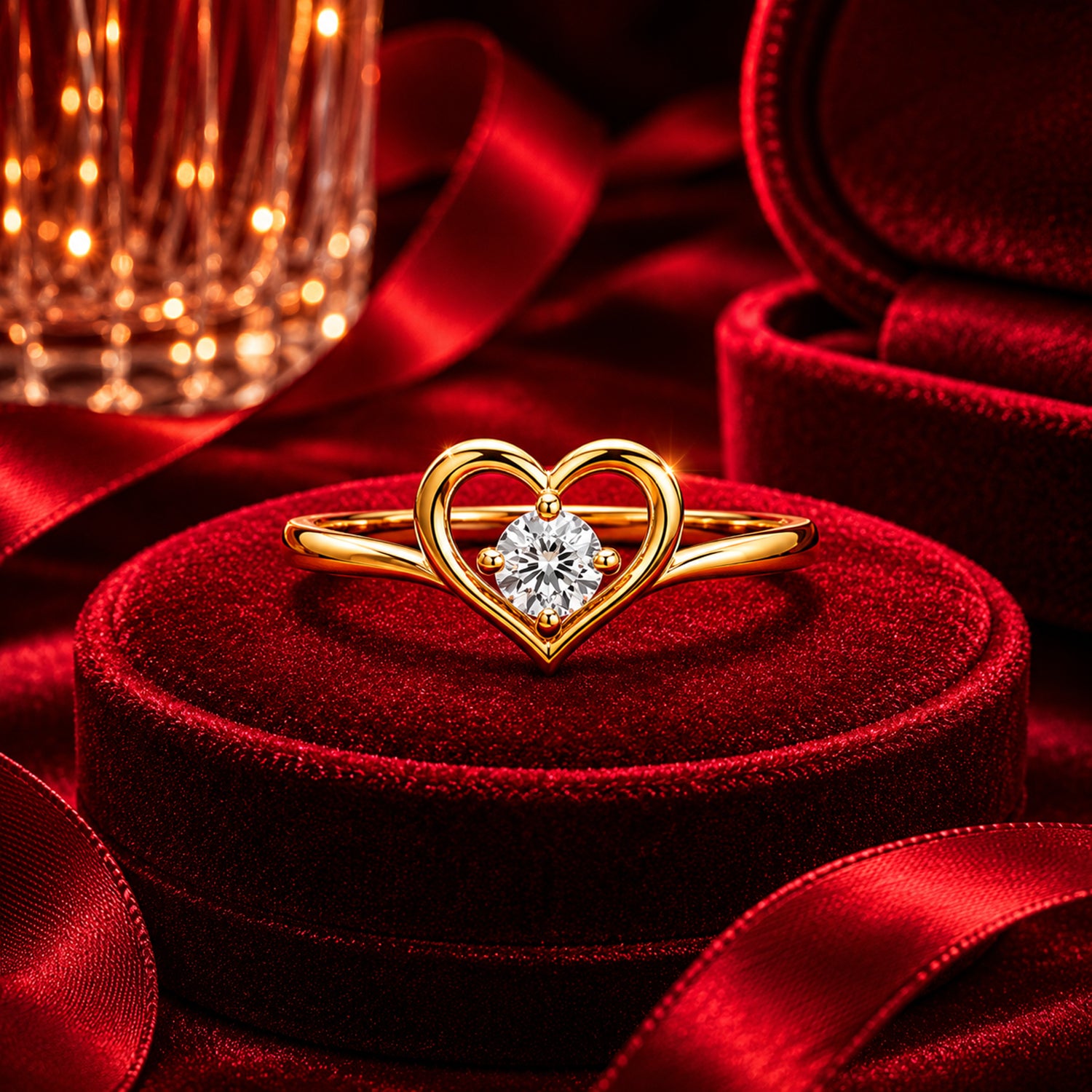 Open heart solitaire diamond ring in yellow gold luxury jewellery shot.