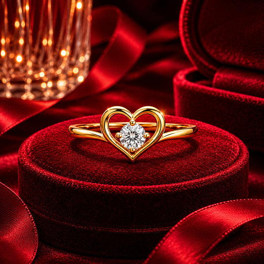 Open heart solitaire diamond ring in yellow gold luxury jewellery shot.
