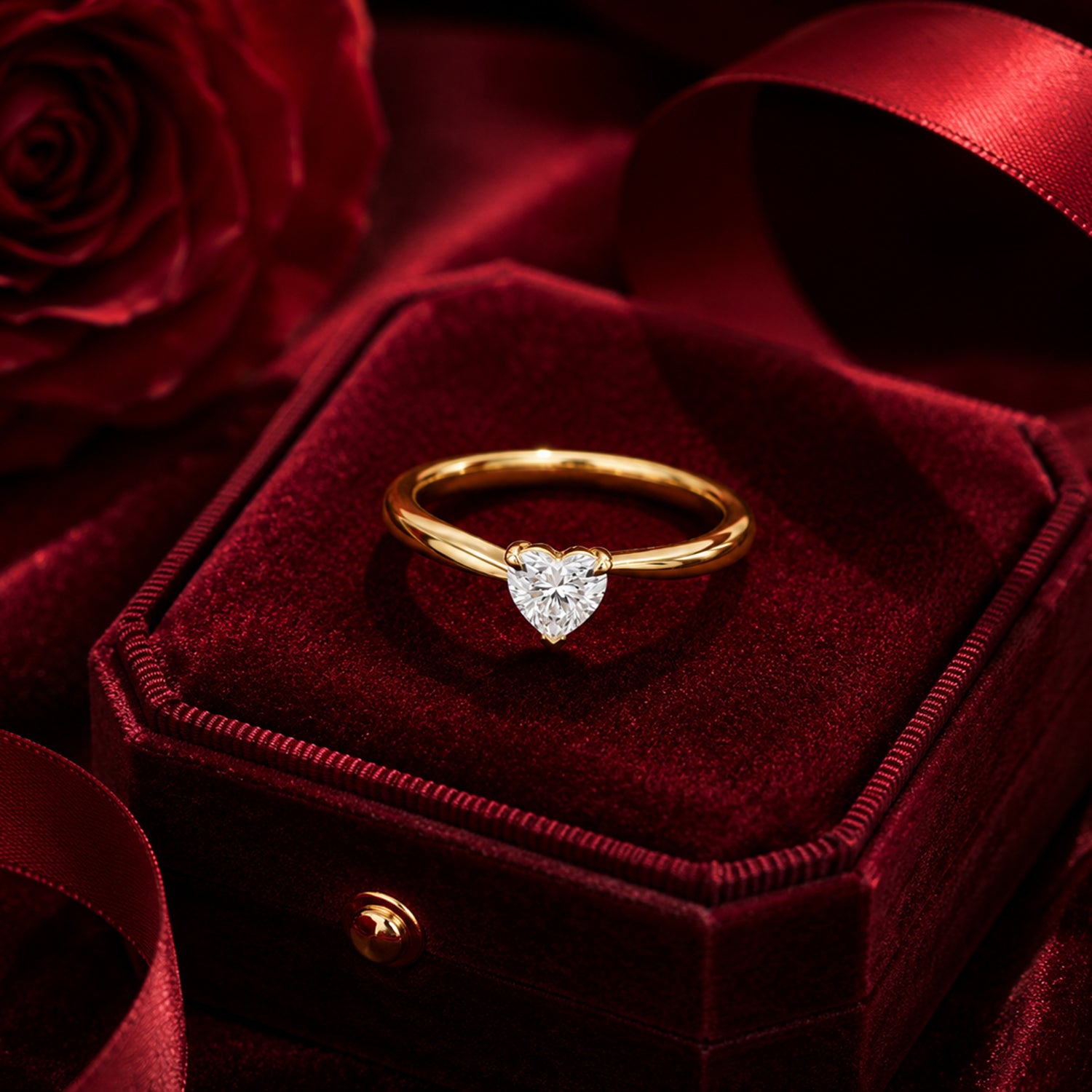 Minimal heart solitaire diamond ring in yellow gold on velvet jewellery box.