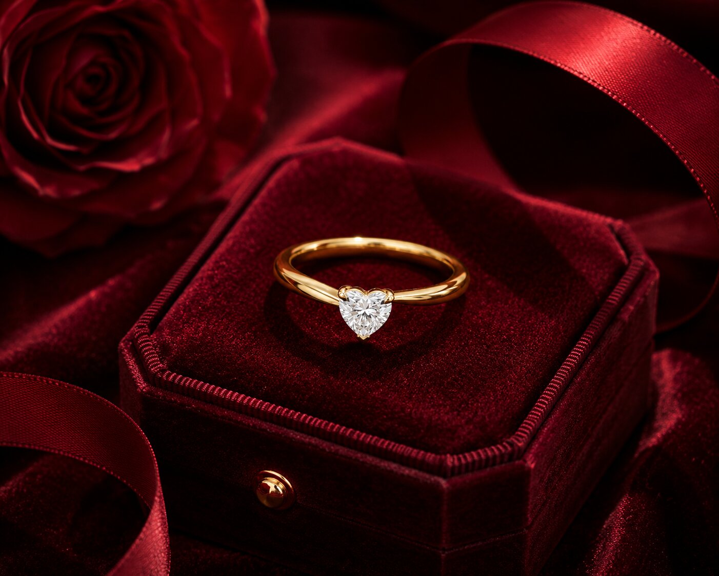 Minimal heart solitaire diamond ring in yellow gold on velvet jewellery box.