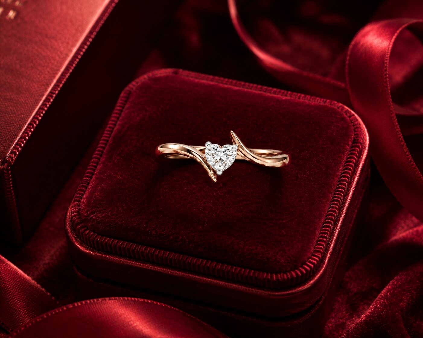 Twisted heart diamond ring in rose gold luxury Valentine jewellery shot.