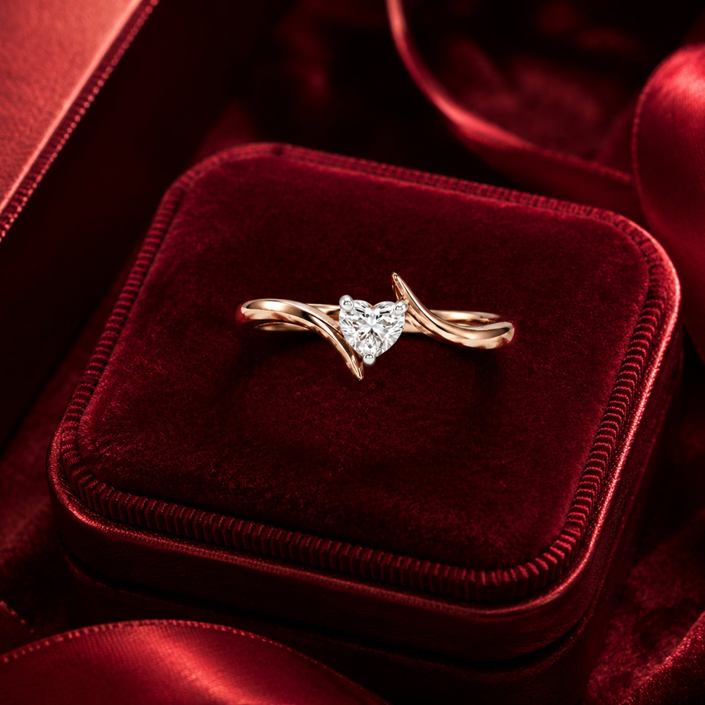 Twisted heart diamond ring in rose gold luxury Valentine jewellery shot.