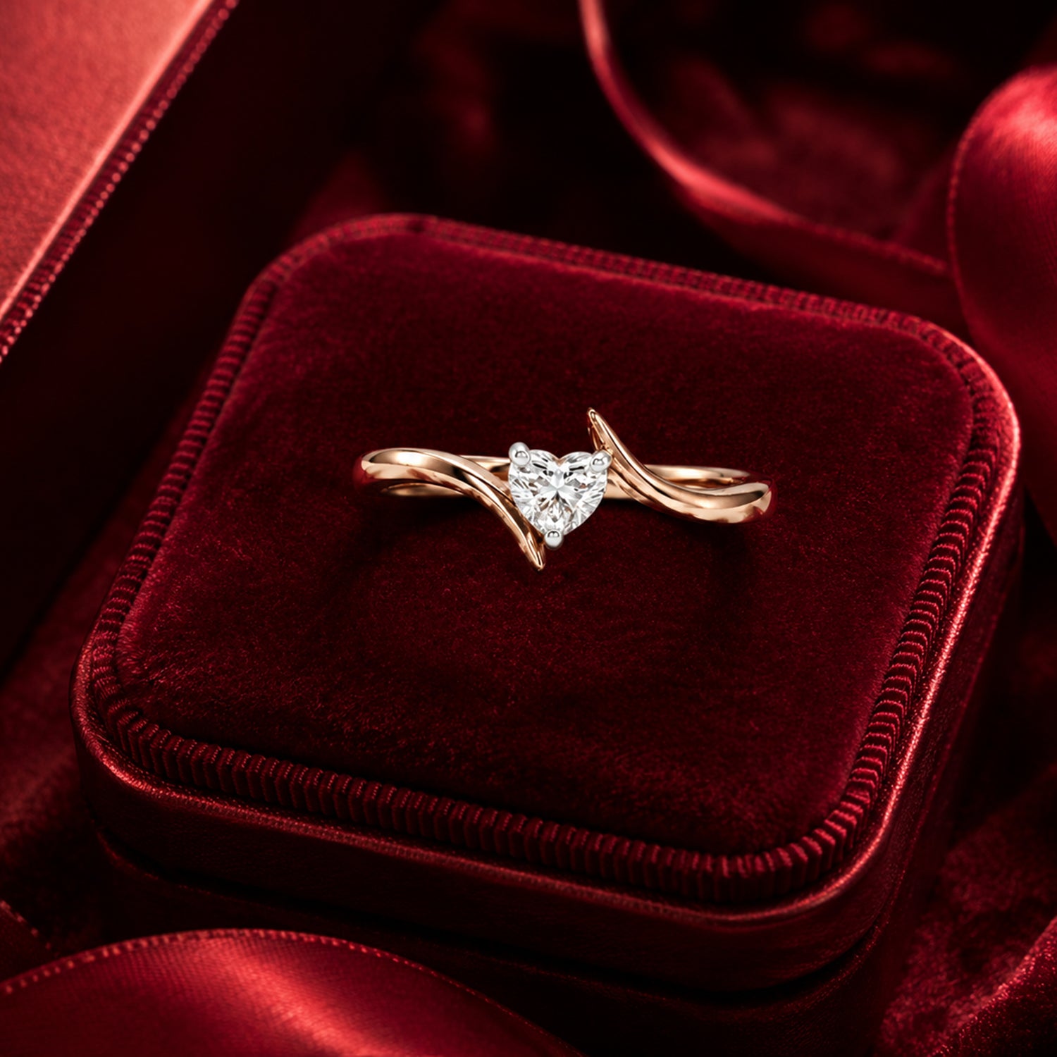 Twisted heart diamond ring in rose gold luxury Valentine jewellery shot.