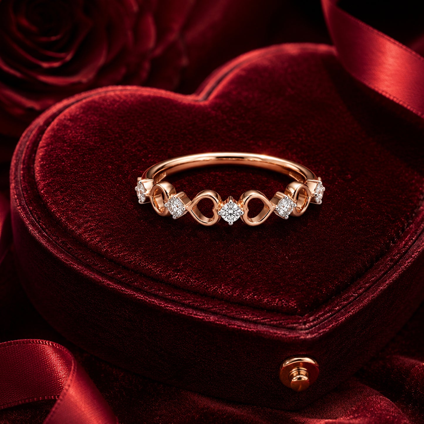 Infinity diamond band ring in rose gold with heart-shaped velvet box.