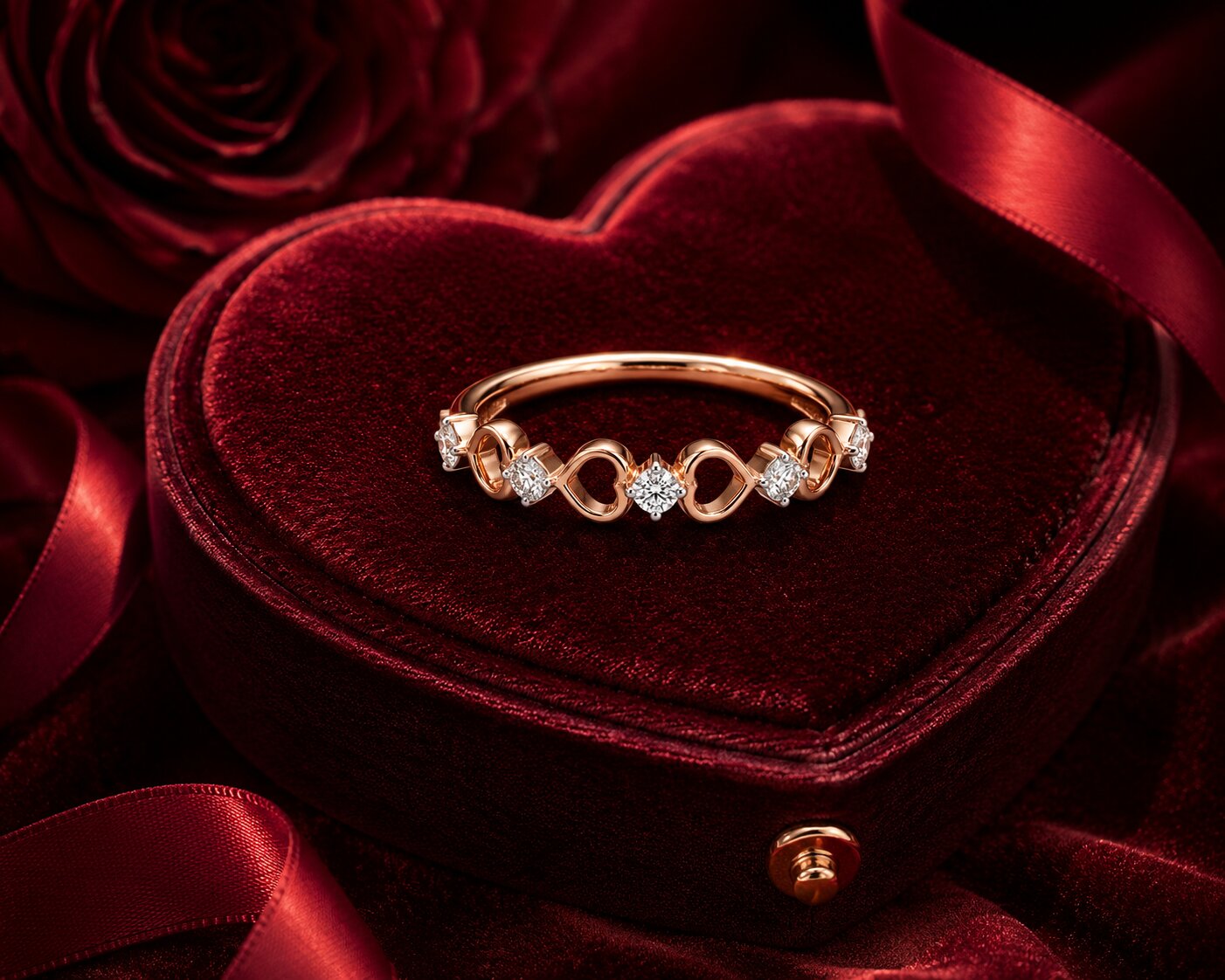 Infinity diamond band ring in rose gold with heart-shaped velvet box.