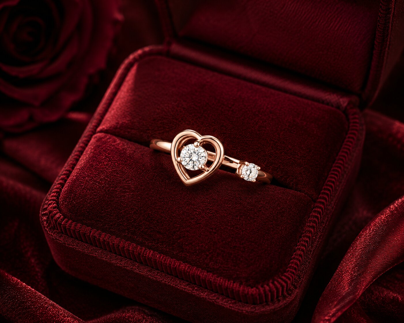 Open heart diamond ring in rose gold on romantic burgundy velvet backdrop.