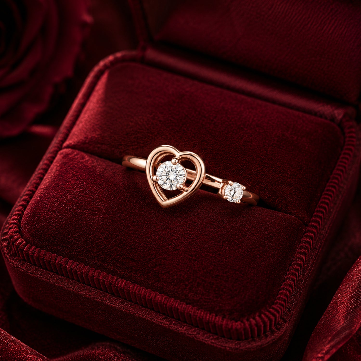 Open heart diamond ring in rose gold on romantic burgundy velvet backdrop.