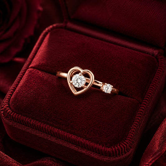 Open heart diamond ring in rose gold on romantic burgundy velvet backdrop.