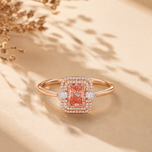 Radiant Cut Pink Diamond Halo Ring in Rose Gold