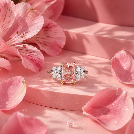 Floral Pink Diamond Halo Ring in White Gold