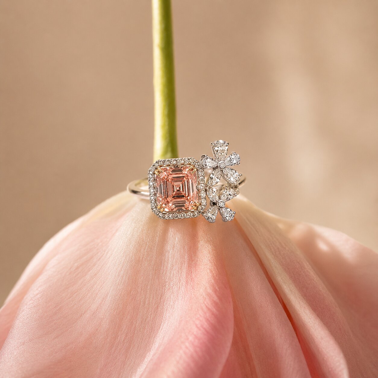 Designer Floral Diamond Ring in Rose Gold by Firefly Diamonds