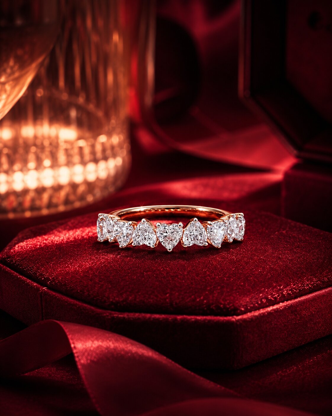 Heart eternity diamond band ring in rose gold on burgundy velvet.