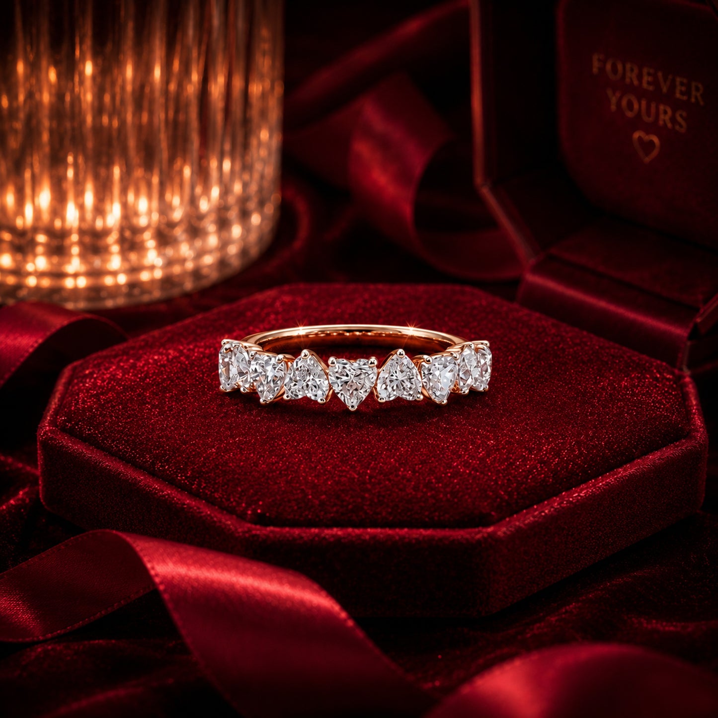 Heart eternity diamond band ring in rose gold on burgundy velvet.