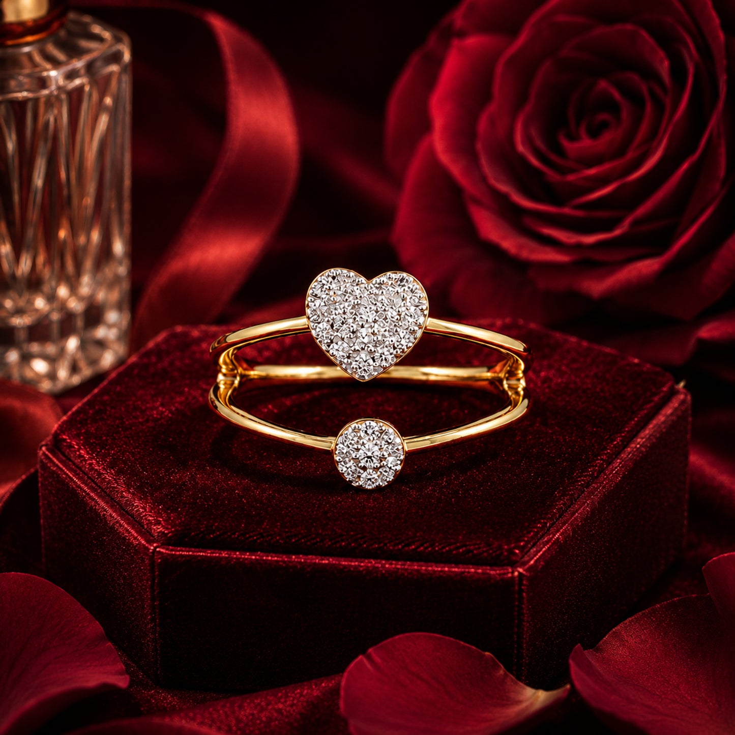 Minimal heart diamond bracelet in gold with romantic red velvet background.